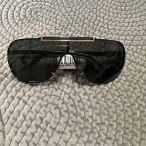Versace Black Shield Sunglasses with Gold Greek Key Accent
